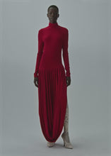 Load and play video in Gallery viewer, Open-leg long-sleeve draped maxi dress in red