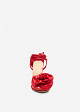 Load image into Gallery viewer, Wrap around double flower sandals in red satin

