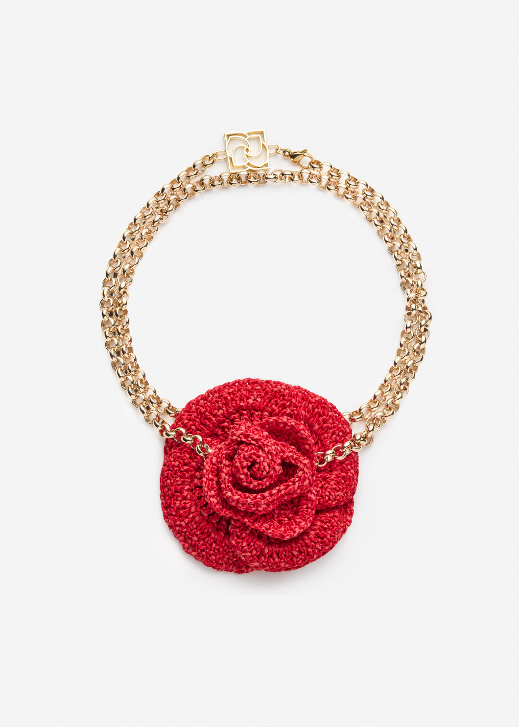 Red crochet rose necklace in gold
