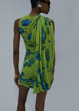 Load image into Gallery viewer, Sheer draped mini dress in green print
