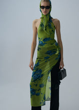 Load image into Gallery viewer, High-neck floral applique midi dress in green print
