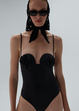 Load image into Gallery viewer, 3D flower retro bustier swimsuit in black
