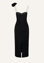 Load image into Gallery viewer, Flower appliqué silk midi dress in black
