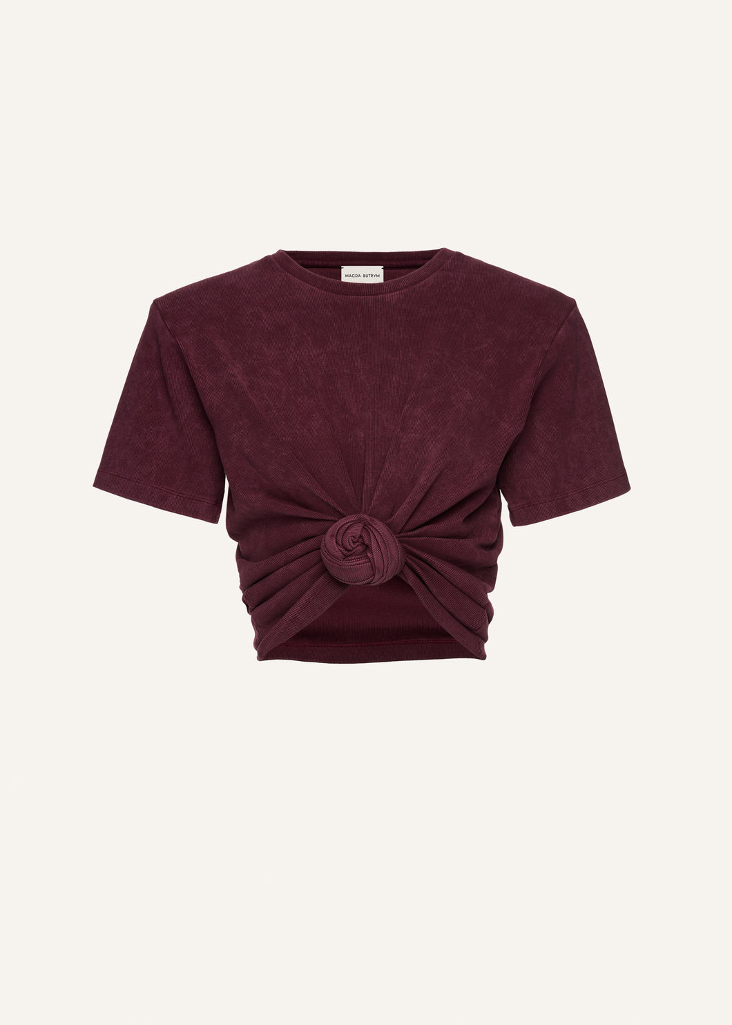 Knotted ribbed t-shirt in vintage burgundy