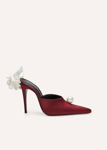 RE25 FLOWER MULES SATIN PEARL BURGUNDY