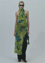 Load and play video in Gallery viewer, High-neck floral applique midi dress in green print
